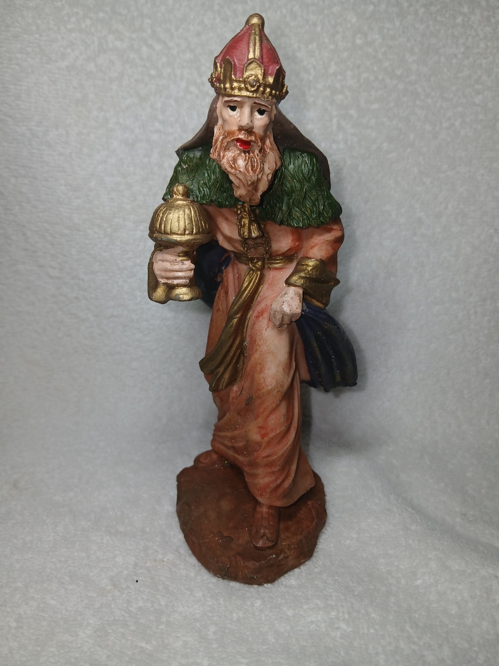 Vintage Hand-Painted Resin Wise Man Sculpture in Red, Green and Gold Finish